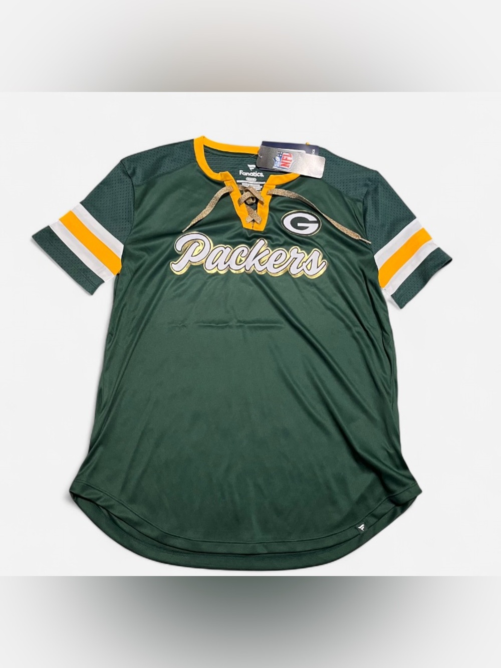 NWT NFL Fanatics Green Bay Packers Womens Lace Up Jersey Style Shirt Sz Medium